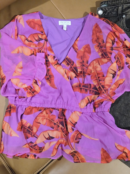 sofia by sofia vergara Tops - SOFIA by Vero Moda Purple Tropical Print Wrap Blouse